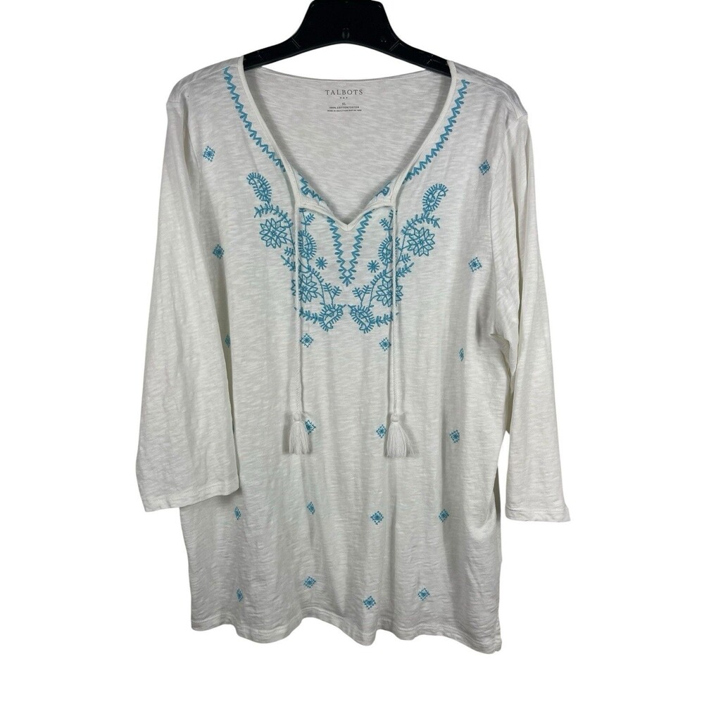 Talbots XL White Slub Cotton Tunic Top Aqua Blue Embroidered Boho Peasant Tassel